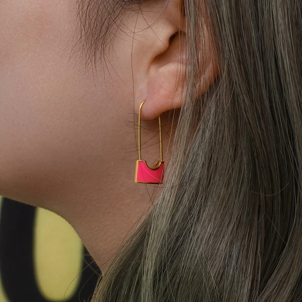 Pink Safety Pin Lock Dangle Earrings 18k Gold Stainless Steel - Picture 3 of 7